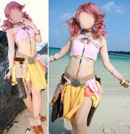 The seller of this outfit has blocked out the model's face either because she's hideous (doubtful) or because of the inherent shame associated with being a cosplay model. Nice wig, though.