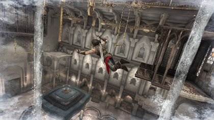 The Prince puts water sources in stasis to traverse a room from above.